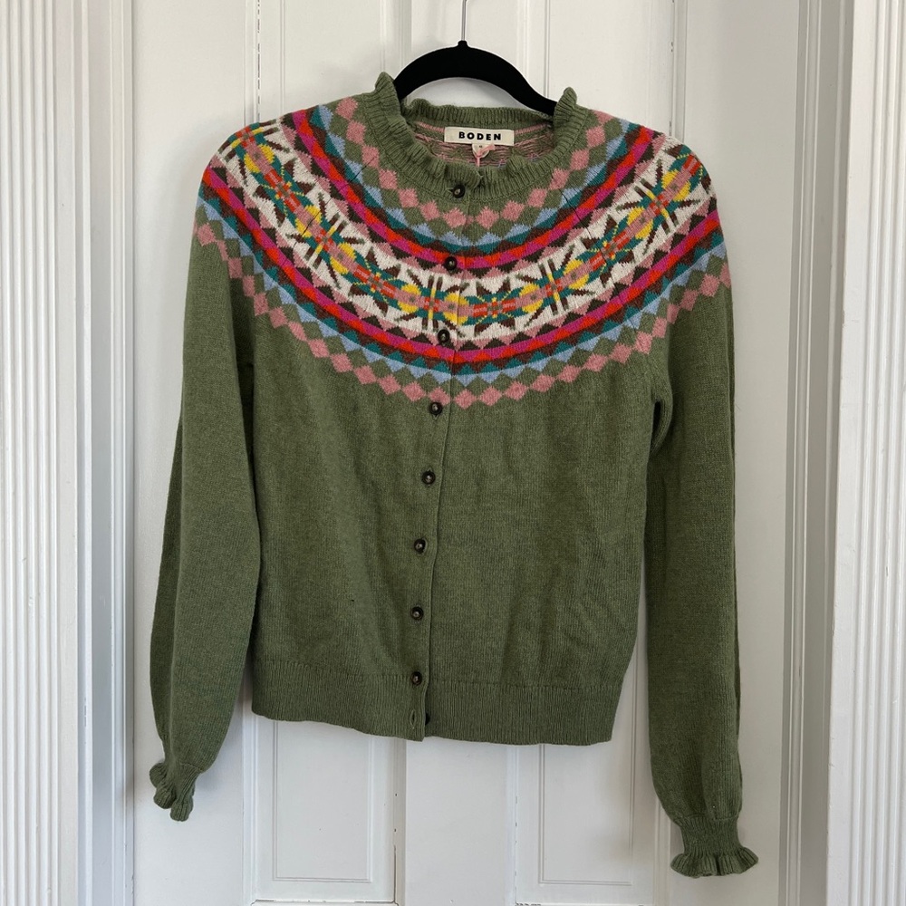 Boden Green Fair Isle Button-Front Cardigan - Picture 2 of 8